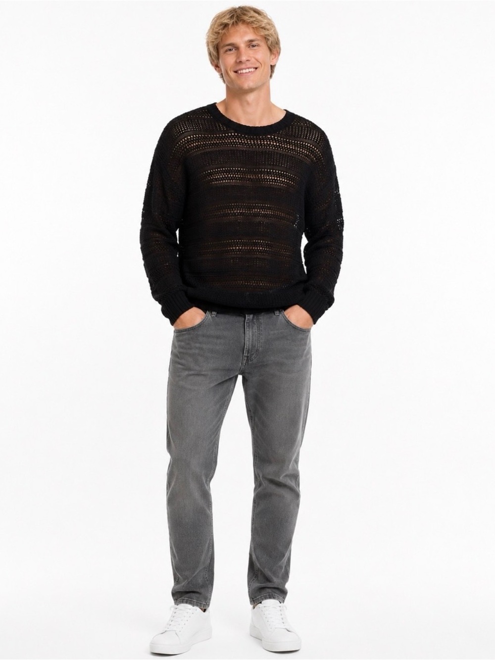 Your Neighbors Men’s Black Open Knit Crewneck Sweater Size Medium